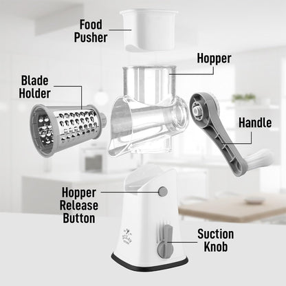 Zulay Kitchen Rotary Cheese Grater 5 Blade Cheese Shredder - Manual Hand Crank Cheese Grater With Reinforced Suction & 5 Interchangeable Drums - Easy to Use, Vegetable Chopper Round Mandoline Slicer - Colors B