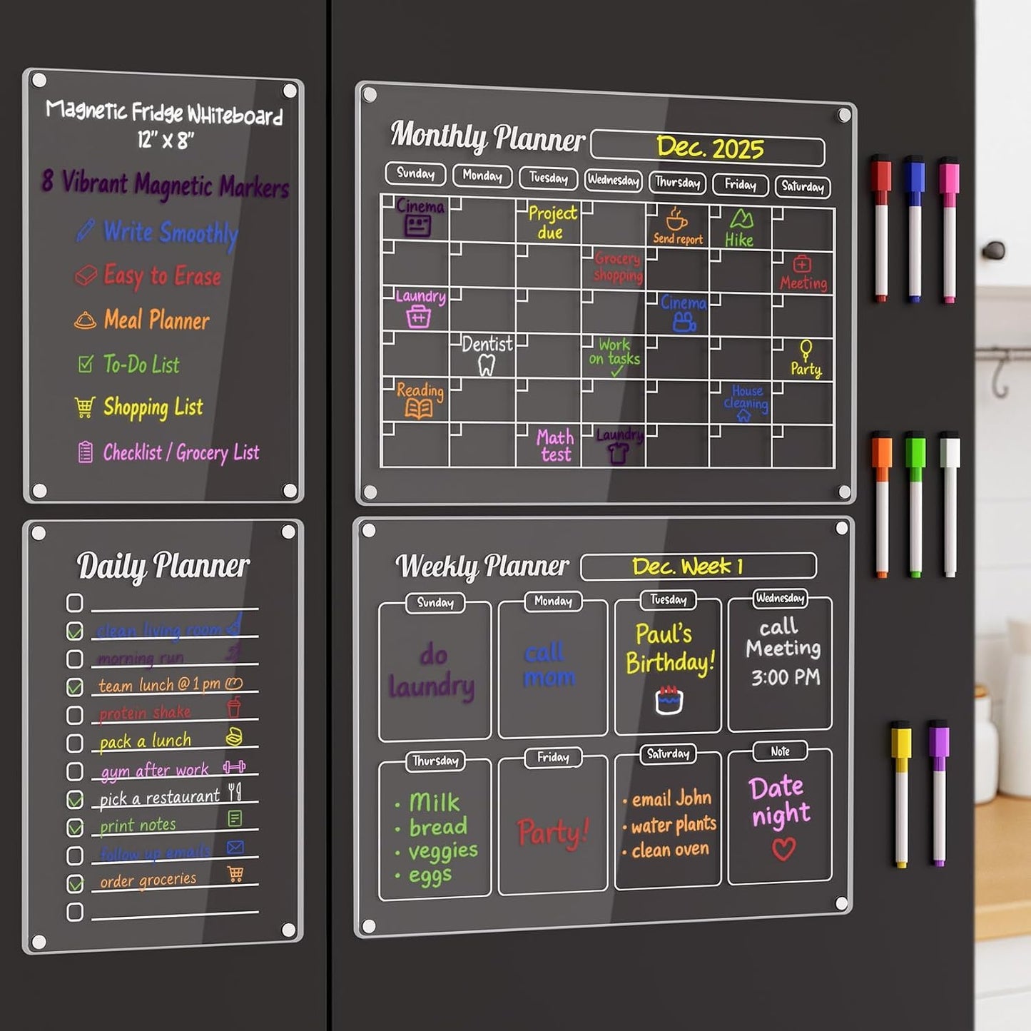 3 Pack Acrylic Calendar for Fridge, Magnetic Calendar for Refrigerator, 16"x12" Dry Erase Whiteboard Fridge Calendar,2026 Clear Monthly Weekly Daily Memo Planning Board with 8 Markers