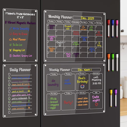 3 Pack Acrylic Calendar for Fridge, Magnetic Calendar for Refrigerator, 16"x12" Dry Erase Whiteboard Fridge Calendar,2026 Clear Monthly Weekly Daily Memo Planning Board with 8 Markers