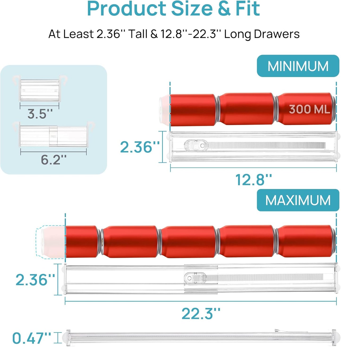 Vtopmart 2.36" Drawer Dividers with Expandable Inserts, 12.8"-22.3", 8 Pack | Adjustable Kitchen Drawer Organizer, Clear Organizer Separator for Flatware, Utensil, Cutlery, 8 Dividers with 14 Inserts