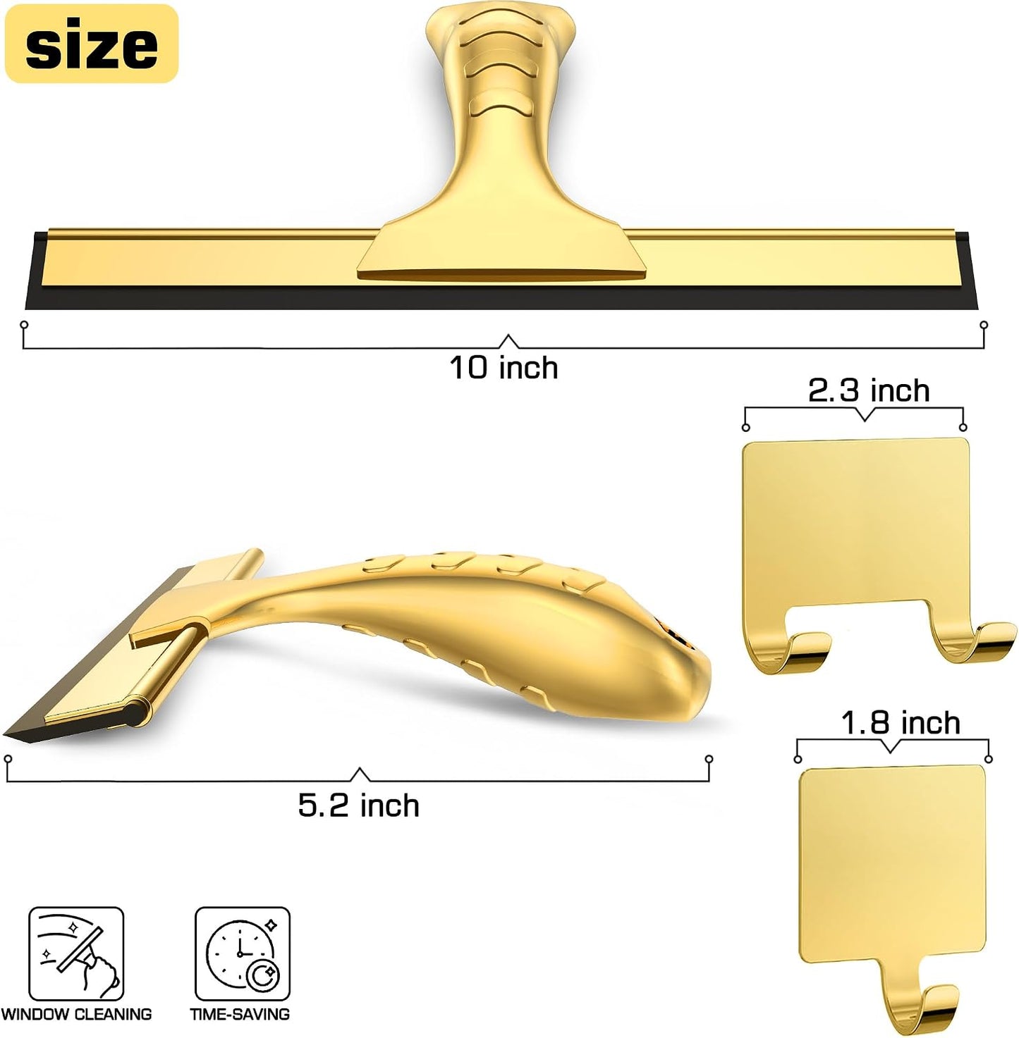 All-Purpose Shower Squeegee for Shower Glass Doors with 2 Adhesive Hook, Stainless Steel Squeegee for Bathroom, Household Window, Mirrors, Tiles and Car Windows 10 Inches, Clear, Golden
