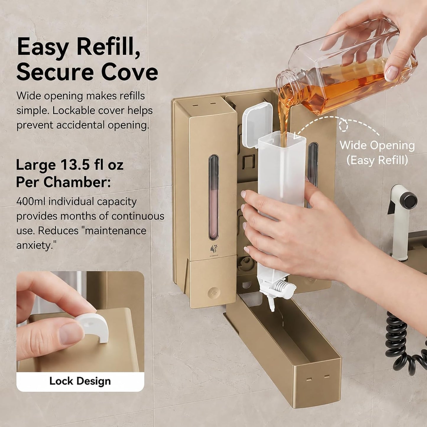 Shampoo and Conditioner Dispenser - Wall-Mounted 3-Chamber Shower Soap Dispenser, No-Drill, 1200ML Capacity, for Bathroom & Hotel