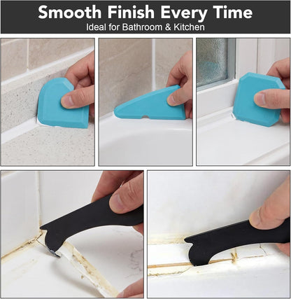 5-In-1 Caulking Tool Kit With Razor Scraper, Silicone Finishing | Caulk Removal And Smoothing, Metal And Plastic Scrapers, For Tile, Glass, Sink, Window And Grout Repair