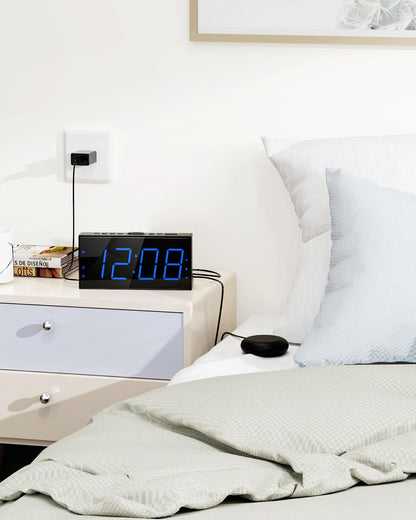 Roxicosly Alarm Clock with Bed Shaker, Vibrating Alarm Clock for Heavy Sleepers/Hard of Hearing/Deaf,Dual Alarms, 7.5’’ Large LED Display, Dimmer, USB Charging Port, Plug-in with Memory Function