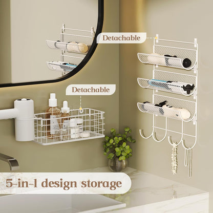 Wall-Mounted Hair Dryer Holder Styling Tool Organizer 4-Shelf Storage Wire Basket with Hook Heat Safe Rack for Hair-Straighteners,Curling Wands,Flat Iron,Cabinet Door Bathroom Kitchen White