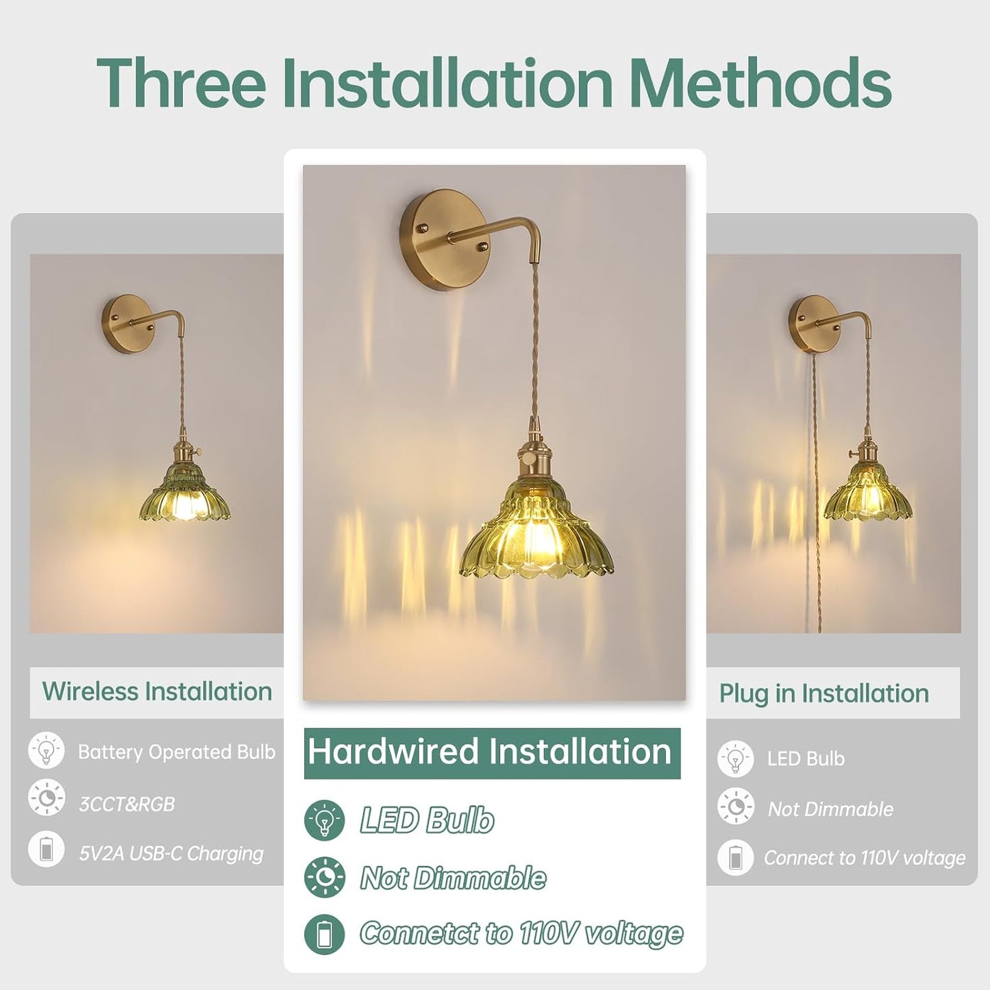 Shenmoyl Battery Operated Wall Sconce Wall Lamp with Green Lily of the Valley Shade Pattern Glass Adjustable Chain Retro Gold Wall Mounted Light, Modern Wall Lamp Fixtures Decor for Bedside Bedroom