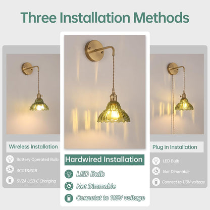 Shenmoyl Battery Operated Wall Sconce Wall Lamp with Green Lily of the Valley Shade Pattern Glass Adjustable Chain Retro Gold Wall Mounted Light, Modern Wall Lamp Fixtures Decor for Bedside Bedroom