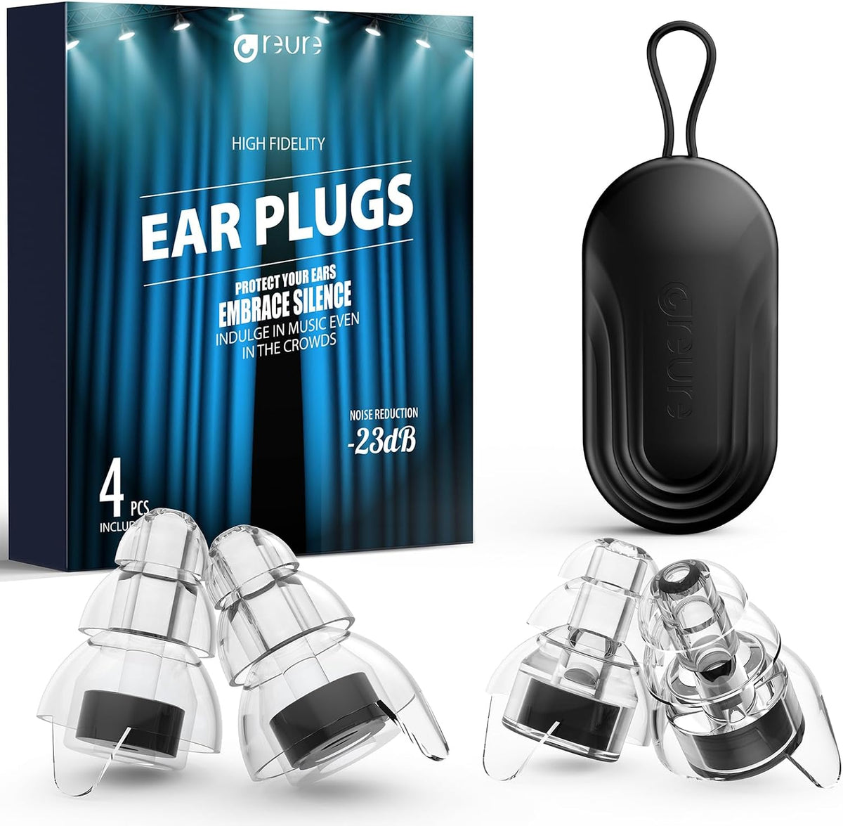 Reure High Fidelity Concert Ear Plugs, Noise Cancelling Silicone Ear Plugs 2 Pairs Great for Concerts Loud Music, Musicians, Motorcycles, Airplanes, Raves, Hearing Protection -23 dB