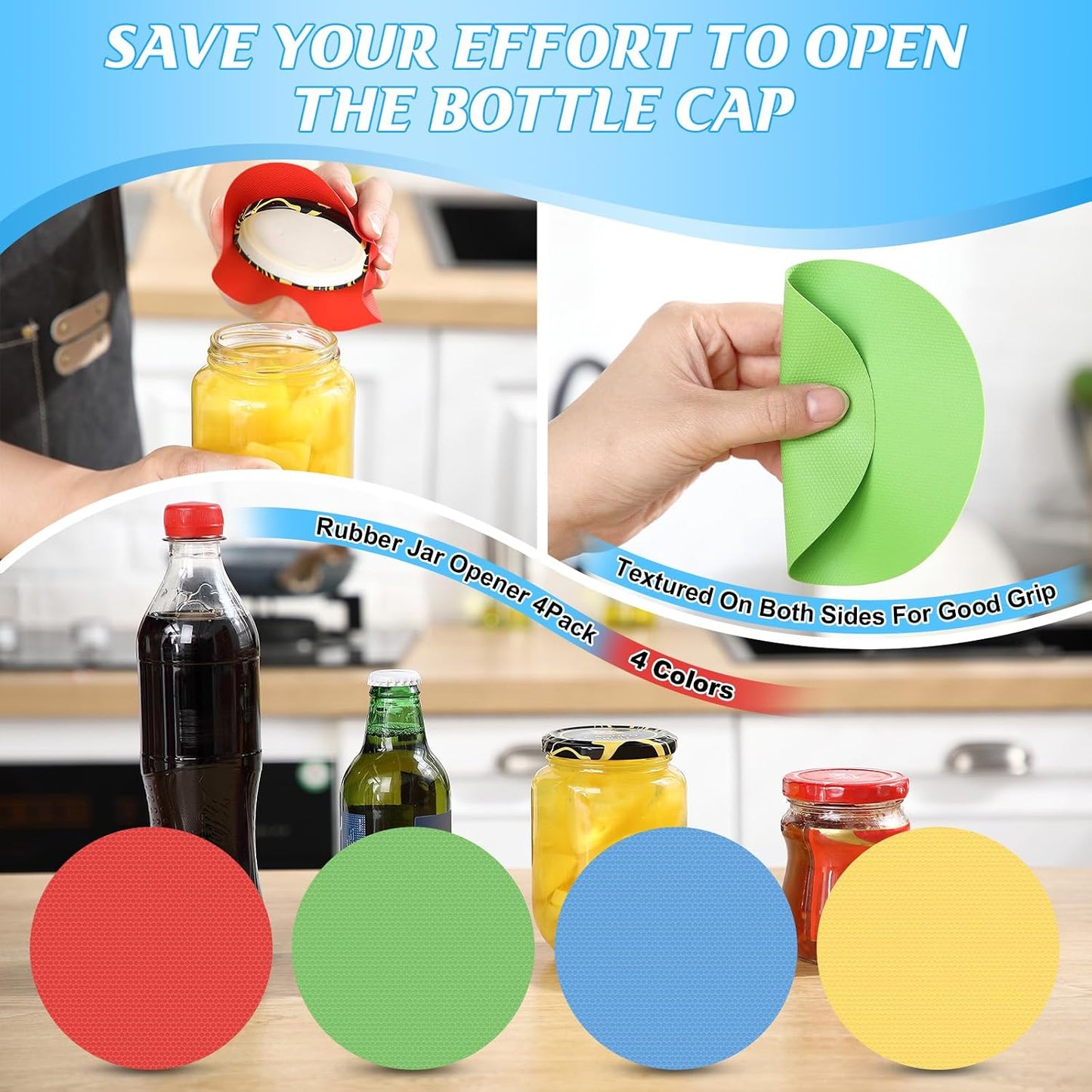 Jar Opener for Weak Hands, Seniors with Arthritis, 2 Pcs 5 in 1 Multi Function Bottle Opener Lid Openers For Arthritic Hands with 4 Pcs Rubber Jar Openers Bottle Gripper Non Slip Pad