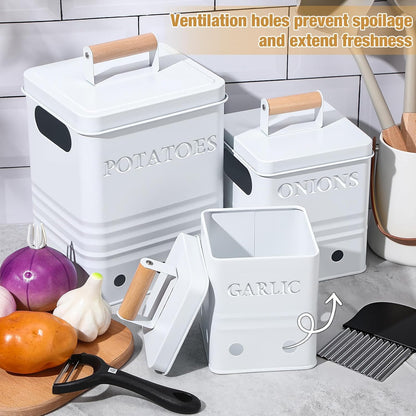 3 Pcs Potato Onion Garlic Storage Bin Metal Vegetable Keeper Container with Lid Aerating Hole Farmhouse Style for Kitchen Counter Pantry Sweet-potato Carrot Fruit Keep Fresh Longer (White)