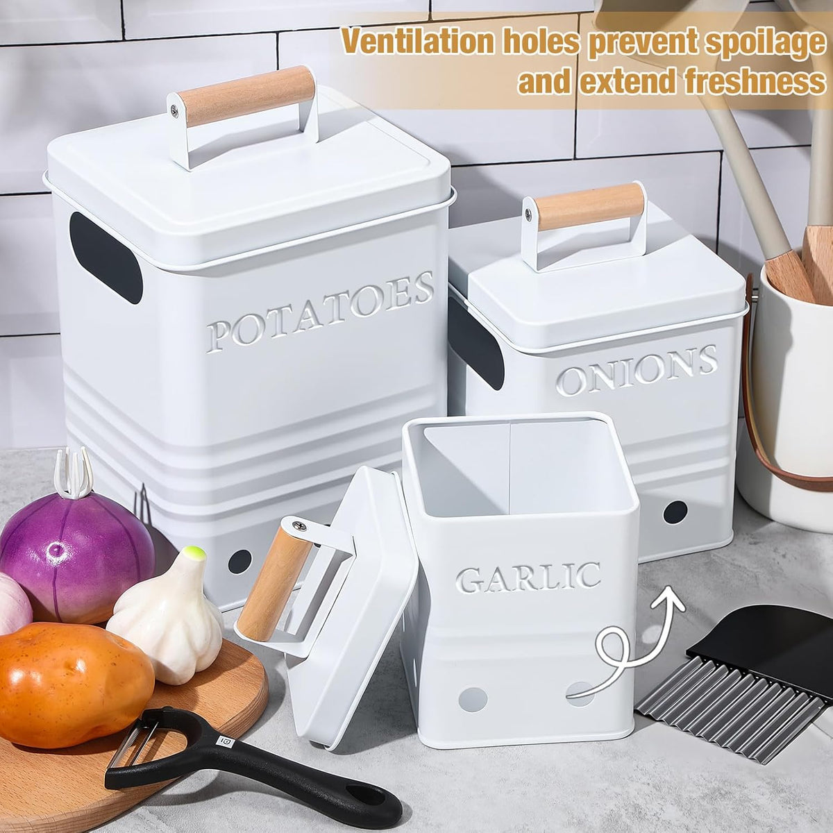 3 Pcs Potato Onion Garlic Storage Bin Metal Vegetable Keeper Container with Lid Aerating Hole Farmhouse Style for Kitchen Counter Pantry Sweet-potato Carrot Fruit Keep Fresh Longer (White)