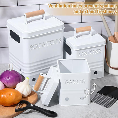 3 Pcs Potato Onion Garlic Storage Bin Metal Vegetable Keeper Container with Lid Aerating Hole Farmhouse Style for Kitchen Counter Pantry Sweet-potato Carrot Fruit Keep Fresh Longer (White)