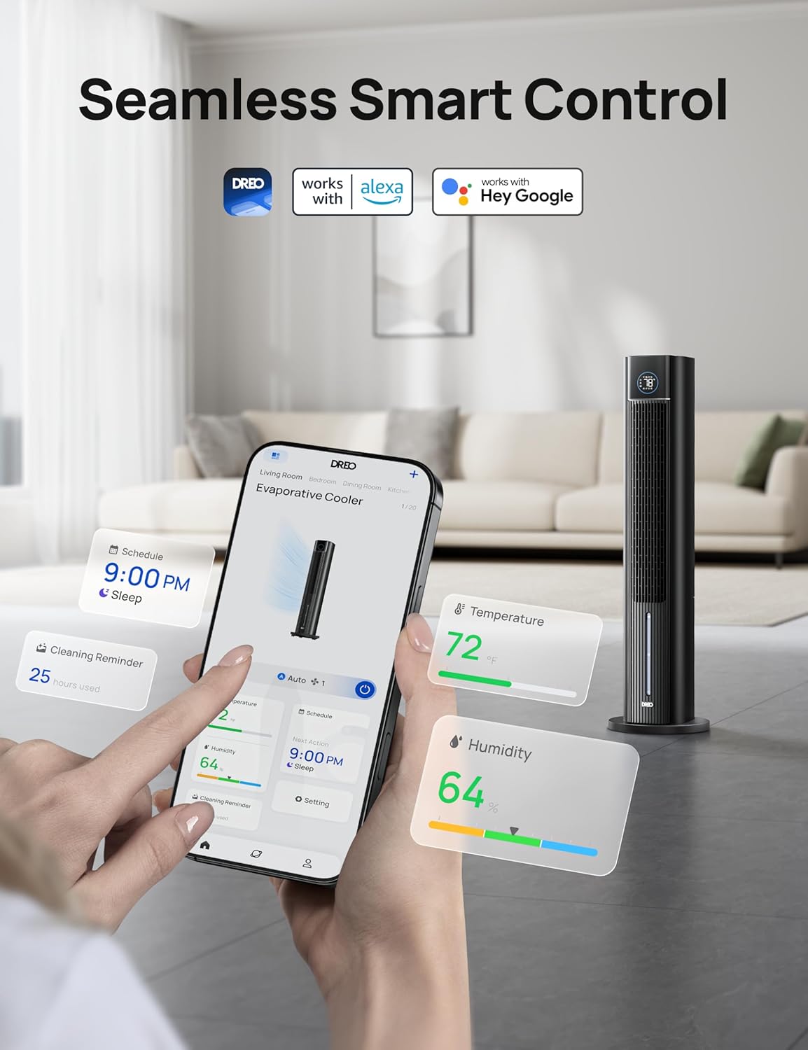 DREO Tower Fan for Bedroom, 43" Cooling Fans That Blow Cold Air 2025 Upgraded, Evaporative Air Cooler, Quiet 85° Oscillating Floor Fan, Easy Cleaning, APP Control, 4 Modes & 4 Speeds, Ink Black