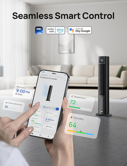 DREO Tower Fan for Bedroom, 43" Cooling Fans That Blow Cold Air 2025 Upgraded, Evaporative Air Cooler, Quiet 85° Oscillating Floor Fan, Easy Cleaning, APP Control, 4 Modes & 4 Speeds, Ink Black