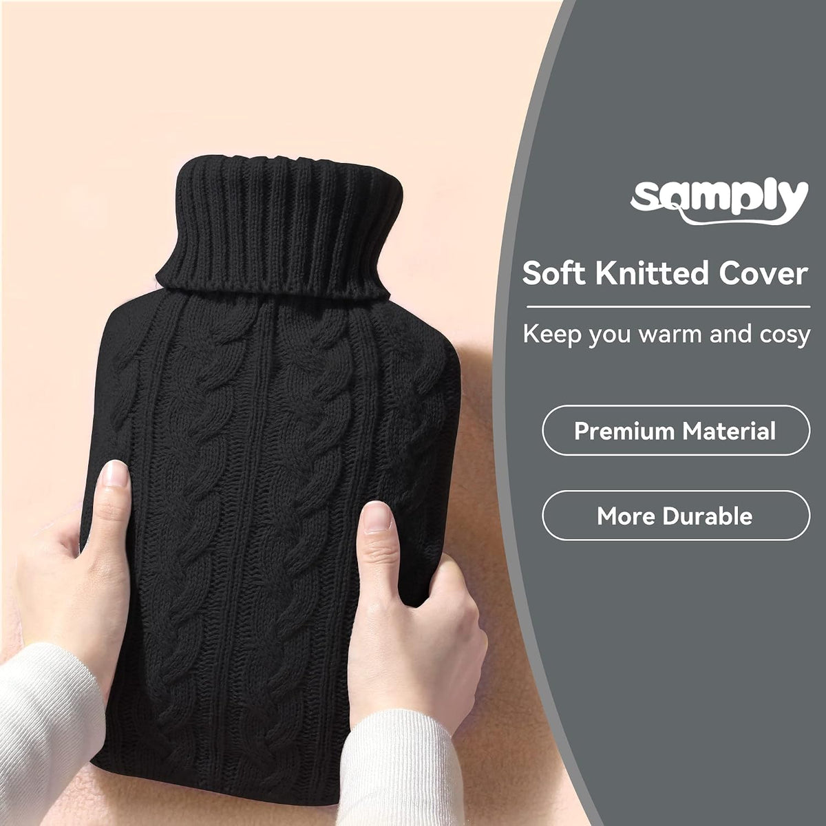 samply 2L Hot Water Bottle with Knitted Cover, Hot Water Bag, Purple