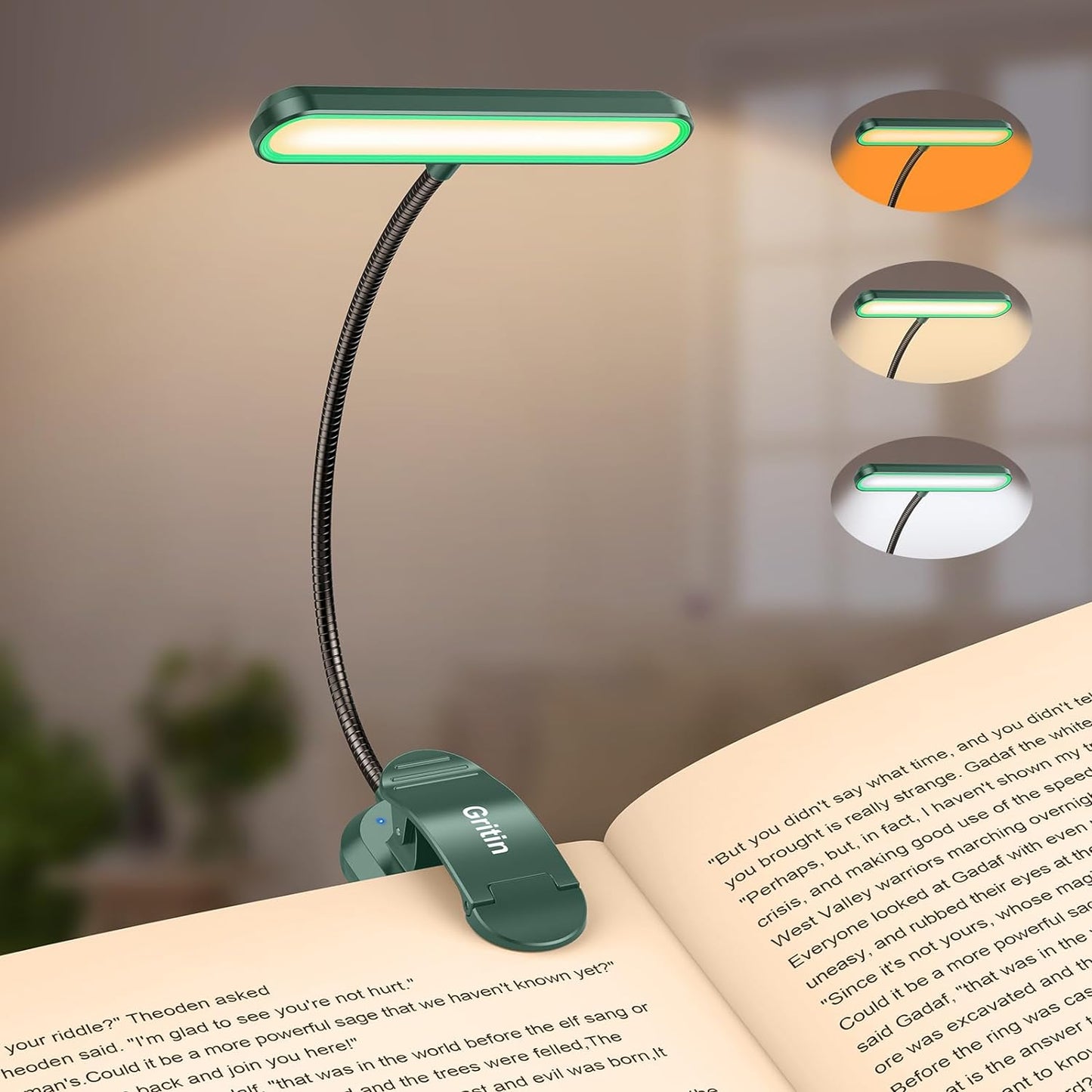Gritin Rechargeable Book Light for Reading in Bed with 19 LED | Eye Caring 3 Color Temps,5 Brightness Levels,Memory Function,90 Hrs Runtime Flexible Goose Neck Clip on Light for Book Lovers