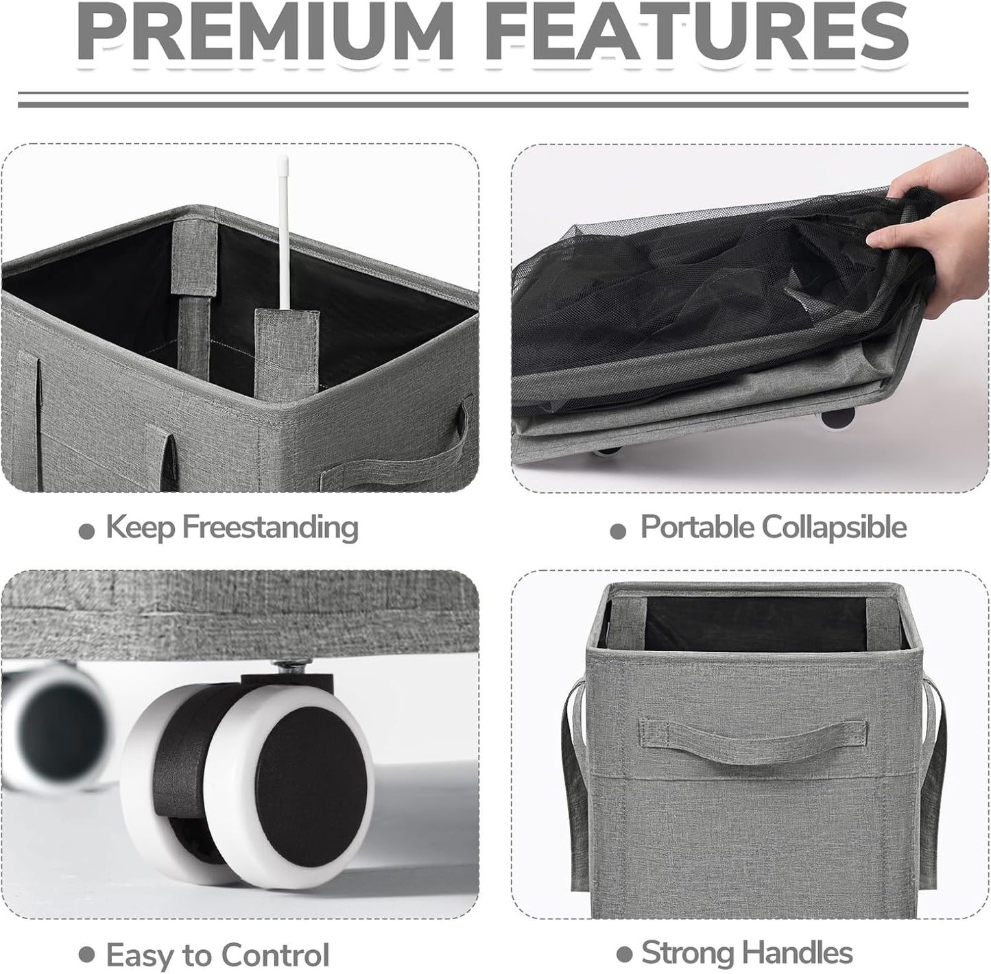 CHICVITA 75L Large Rolling Laundry Basket with Wheels & Wash Bag, Grey | Collapsible design saves space for corner dorms. Removable wash bag for easy laundry transport