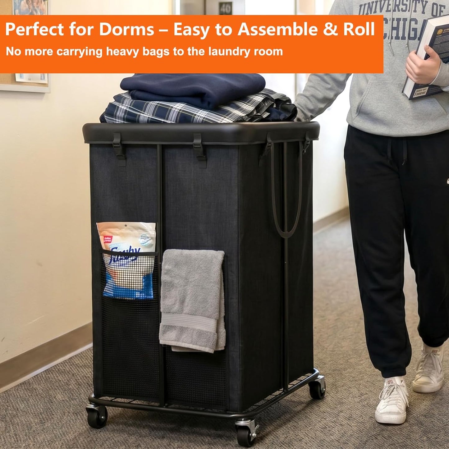 Laundry Hamper with Wheels, 150L Rolling Laundry Basket with Bag & Handles | Sturdy Metal Frame | Removable Bag | Large & Tall Dirty Clothes Hampers for Laundry Room, Bedroom, Dorm, Bathroom-Black