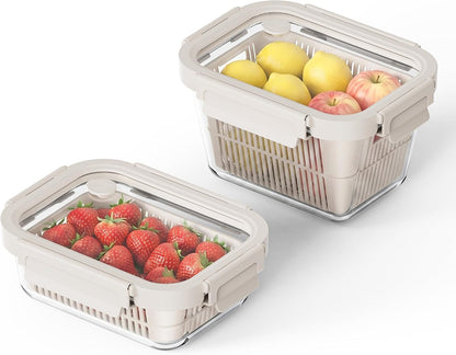 Glass Produce Storage Containers for Fridge, 2-Pack – Airtight Fruit & Vegetable Containers with Removable Colanders, Flexible Silicone Lids,LeakProof, BPA-Free Borosilicate Glass