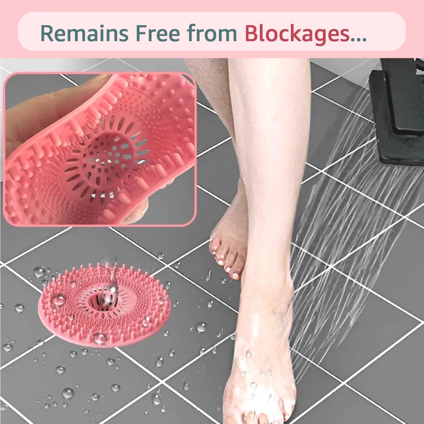 Silicone Hair Catcher for Shower Drain & Bathtub – 3 Pack (Grey/Blue/Pink) | Anti-Clog Drain Strainer with Strong Suction, Drain Cover Bathroom Tub, Sink Floor Pet Hair Stopper Trap Protector, Patented