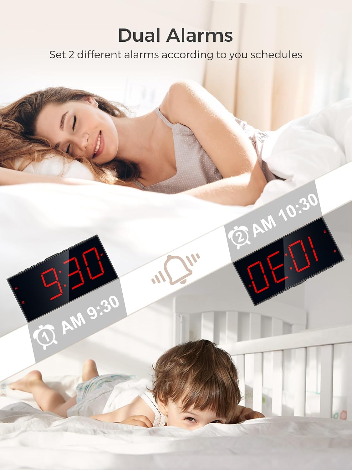Vibrating Alarm Clock for Heavy Sleepers – Loud Bed Shaker, Dual Alarms with Weekday/Weekend Mode, 3 Vibration Levels, 5-Volume & Dimmer, Large Display, USB + Battery Backup – Deaf & Hearing-Impaired