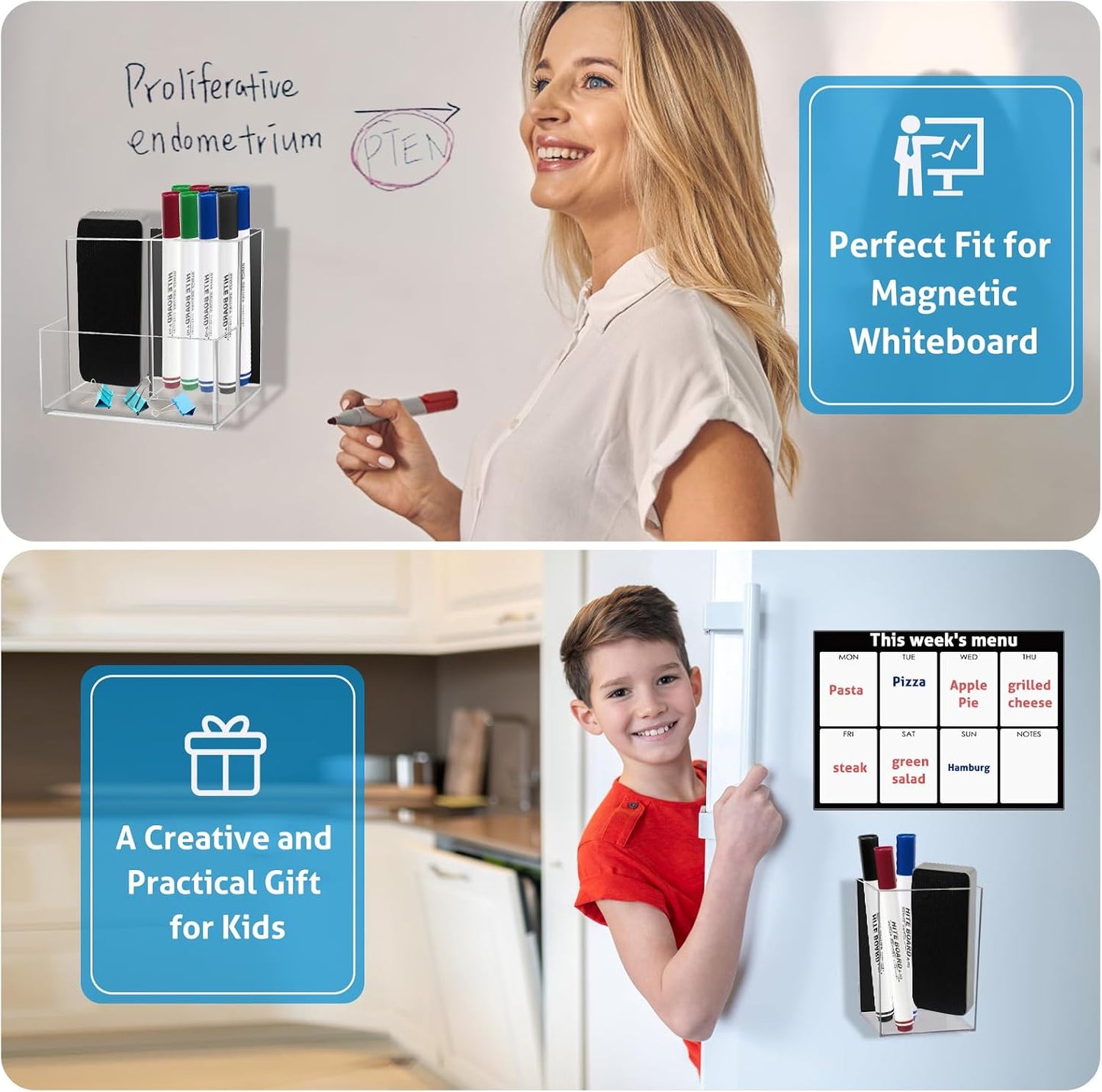 Comkrivy 2 Pack Acrylic Dry Erase Marker Holder with Full Magnet Back and 4 Compartments, Magnetic Pencil Cup Locker Organizer for Refrigerator Whiteboard Office School