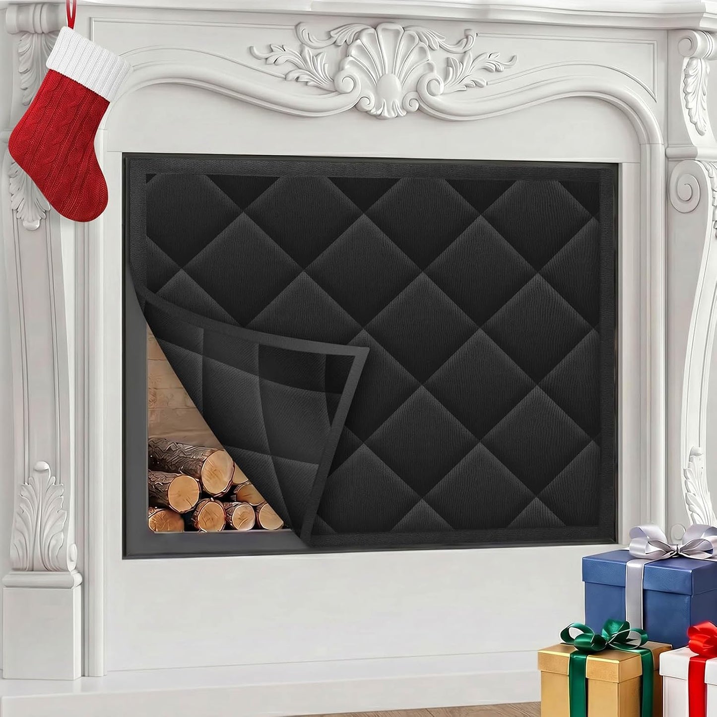 Fireplace Draft Cover, Fireplace Blocker Blanket with Hook and Loop Tapes, Indoor Fire Place Draft Stopper for Heat Loss Insulation Black 39" W x 32" H