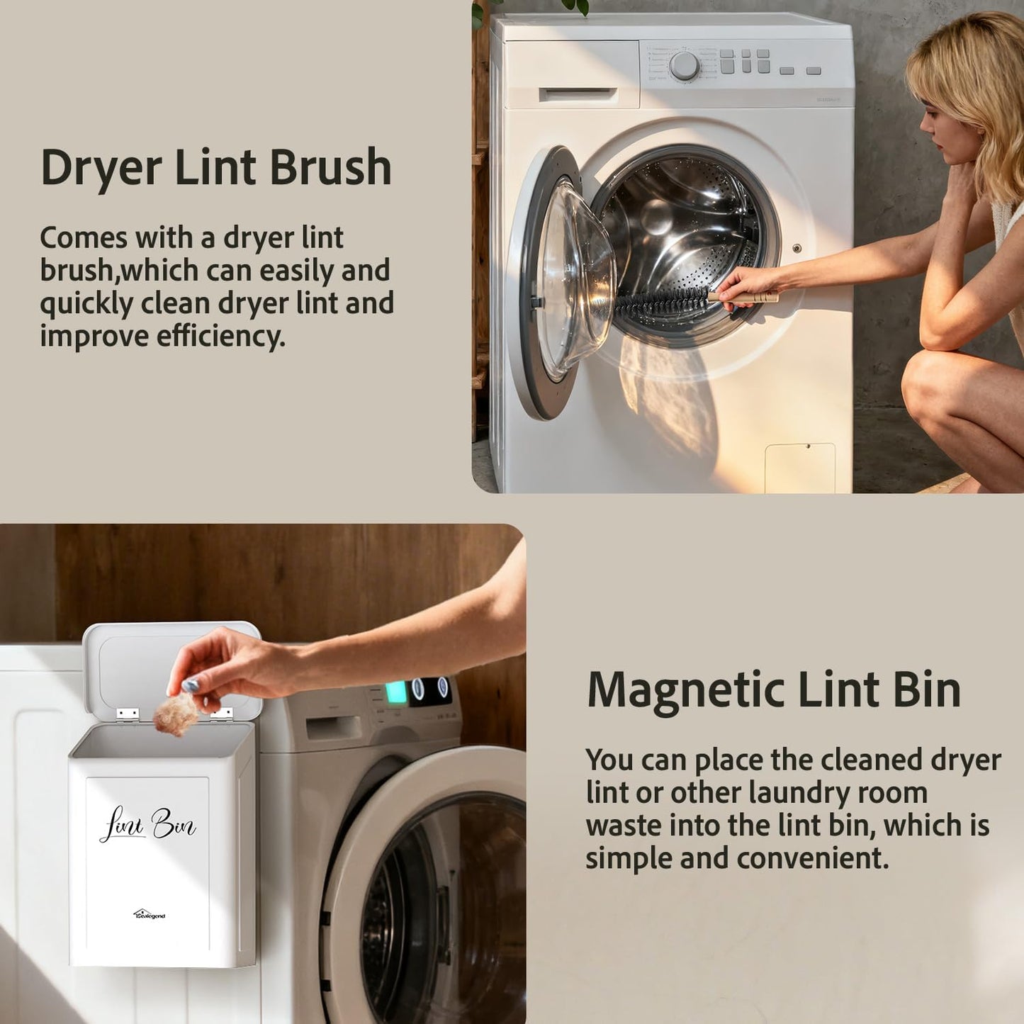 Sealegend Magnetic Metal Lint Bin with Lid, Trash Can with Brush, White | Collect Dryer Lint Easily, Space-Saving Laundry Room Organization & Storage
