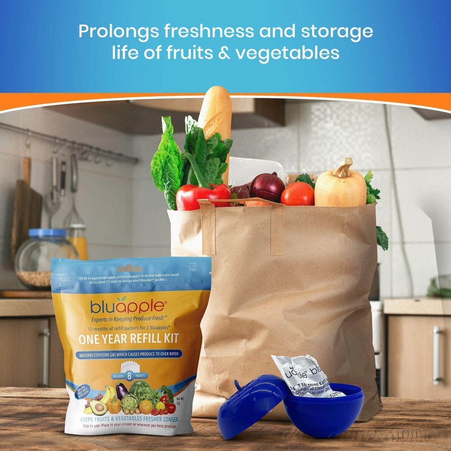 Bluapple Produce Saver Ethylene Gas Absorber - Fresh Fruit & Vegetable Storage for Refrigerator Crisper, Shelves & Fruit Bowls, Produce Keeper, Fruit Saver, Kitchen Must Haves, BPA-Free - 2-Pack