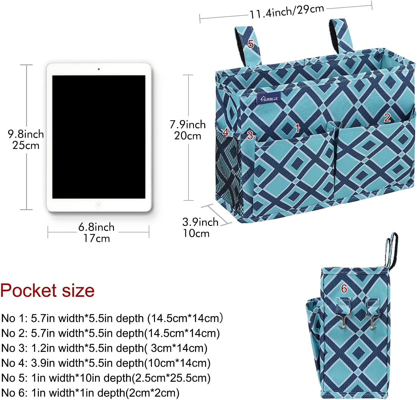 Surblue Bedside Caddy Hanging Organizer Storage Bag Pocket for Bunk, Hospital, College Dorm Rooms, Baby Bed Rails, Camp - 4 Pockets, 2 Hooks (Blue)