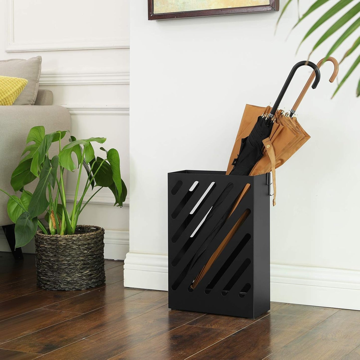 SONGMICS Metal Umbrella Stand, Rectangular, Removable Drip Tray, 4 Hooks | Umbrella Holder Rack, Cutout Design, for Entryway, Office, Matte Black, PATSY Collection ULUC03BK
