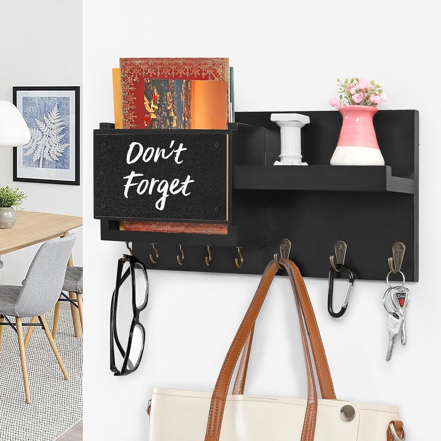 Decorative Key Hanging Rack with 8 Hooks – Easy Install Natural Wooden Key and Mail Holder for Wall Mount – Sunglasses Wallet Holder Entryway Decor with Shelf and Chalkboard (White)
