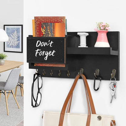 Decorative Key Hanging Rack with 8 Hooks – Easy Install Natural Wooden Key and Mail Holder for Wall Mount – Sunglasses Wallet Holder Entryway Decor with Shelf and Chalkboard (White)