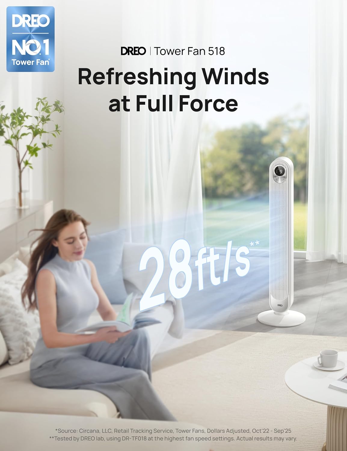 DREO Tower Fan for Bedroom, 28ft/s High Velocity, 9 Speeds, DC Motor