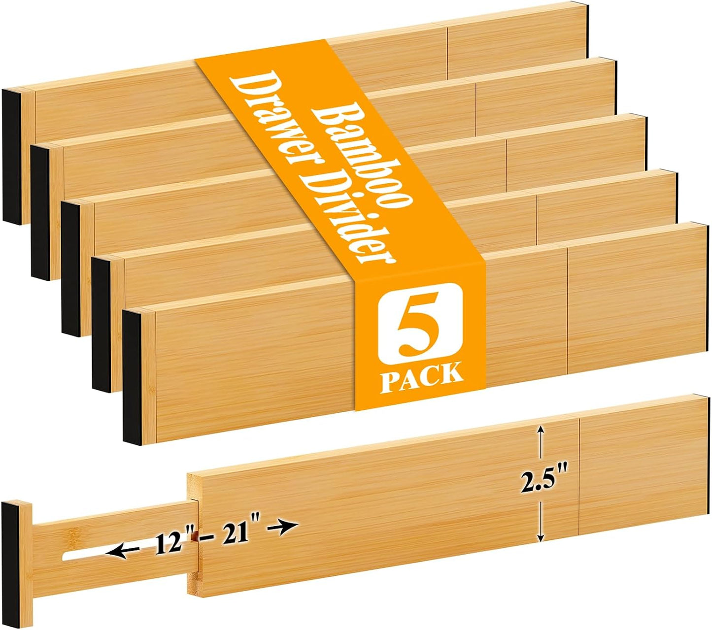Bamboo Drawer Dividers, 12-21 Inch Kitchen Adjustable Drawer Organizers | Expandable Dresser Separators for Clothes, Ideal for Kitchen, Bathroom, Vanity, Office Organization and Storage, 4-Pack