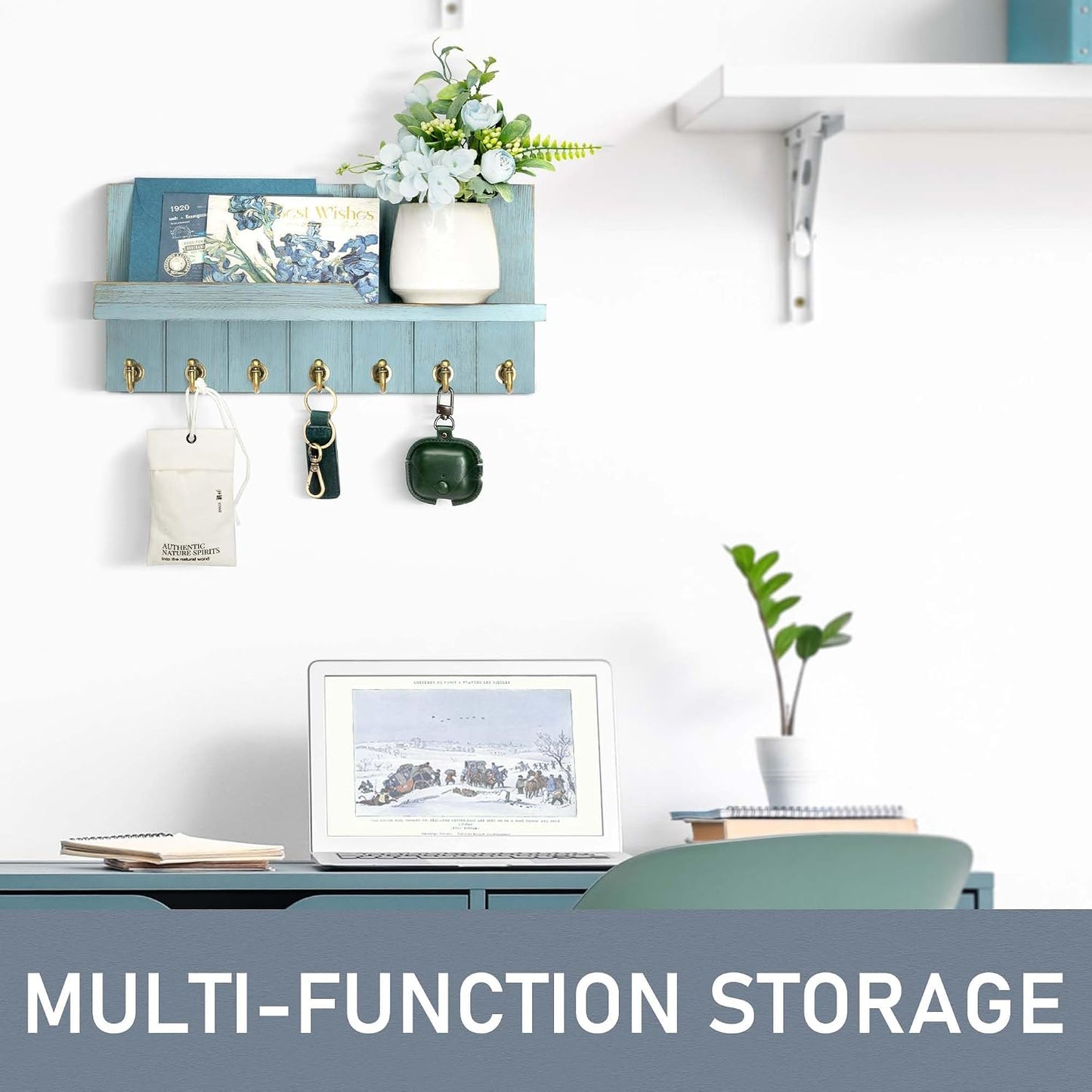 Rebee Vision Key Holder Wall Mount with 5 Key Hooks for Home Decor, Brown | 3.54'' x 10'' x 7.28'', Small Shelf for Display Plant, Key Hangers for Hat, Entryway Space-Saving Storage