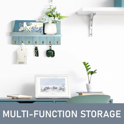Rebee Vision Key Holder Wall Mount with 5 Key Hooks for Home Decor, Brown | 3.54'' x 10'' x 7.28'', Small Shelf for Display Plant, Key Hangers for Hat, Entryway Space-Saving Storage