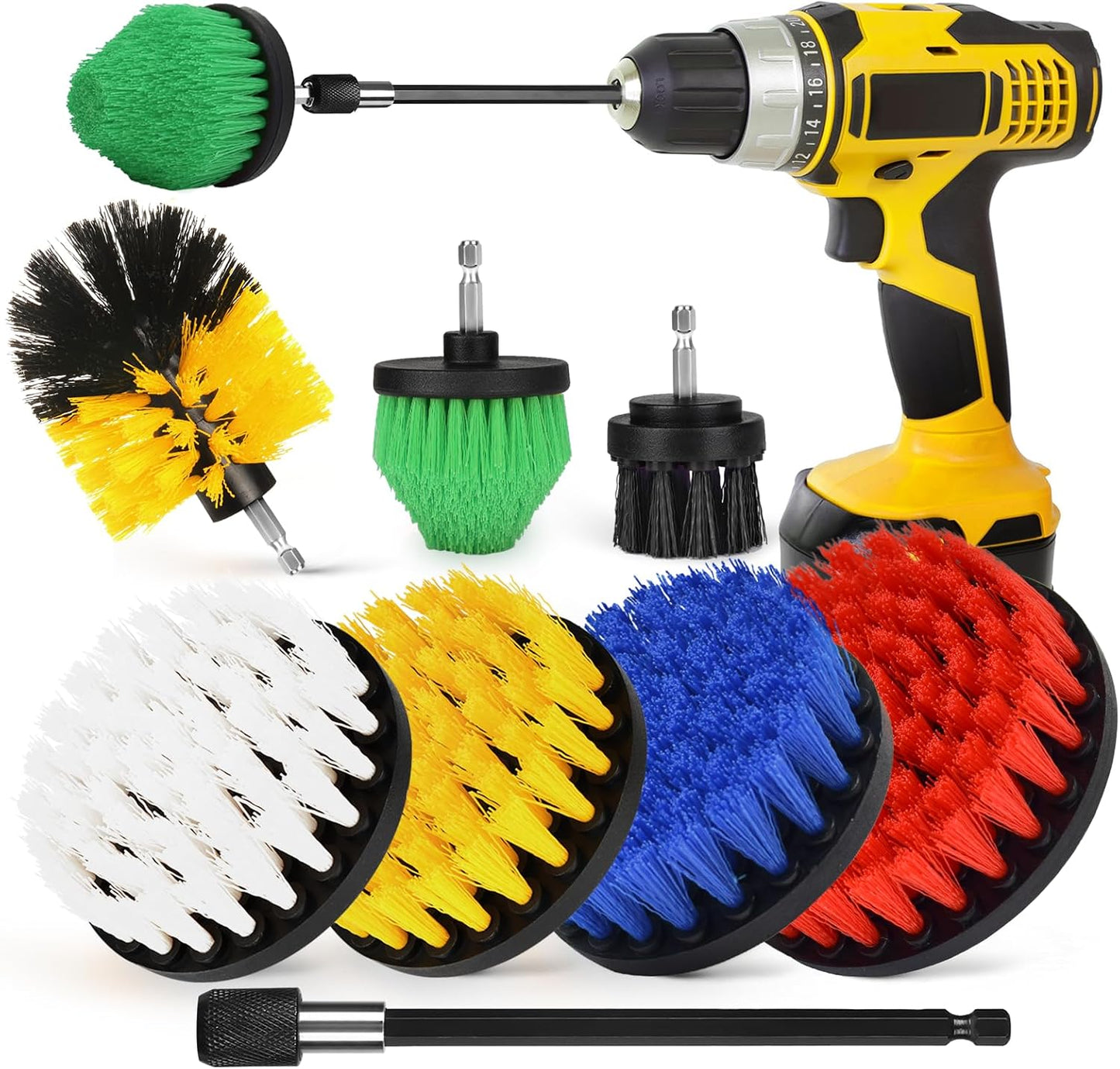8 Pack Drill Brush Attachment Set, 1/4in Power Scrubber Brush + Extend Long Rod, Multi-Purpose Power Cleaning Scrub Brush for Bathroom, Tub, Tile, Corner, Floor(Red)