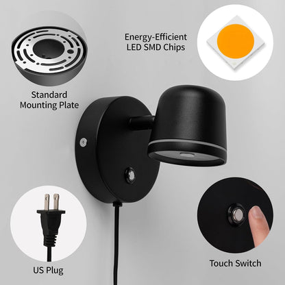 Aisilan LED Plug in Wall Sconce with Touch Dimmable Control Adjustable Wall Mounted Lamp Angle Anti-Glare Matte White Aluminum Bedside Reading Wall Lights for Bedroom Living Room
