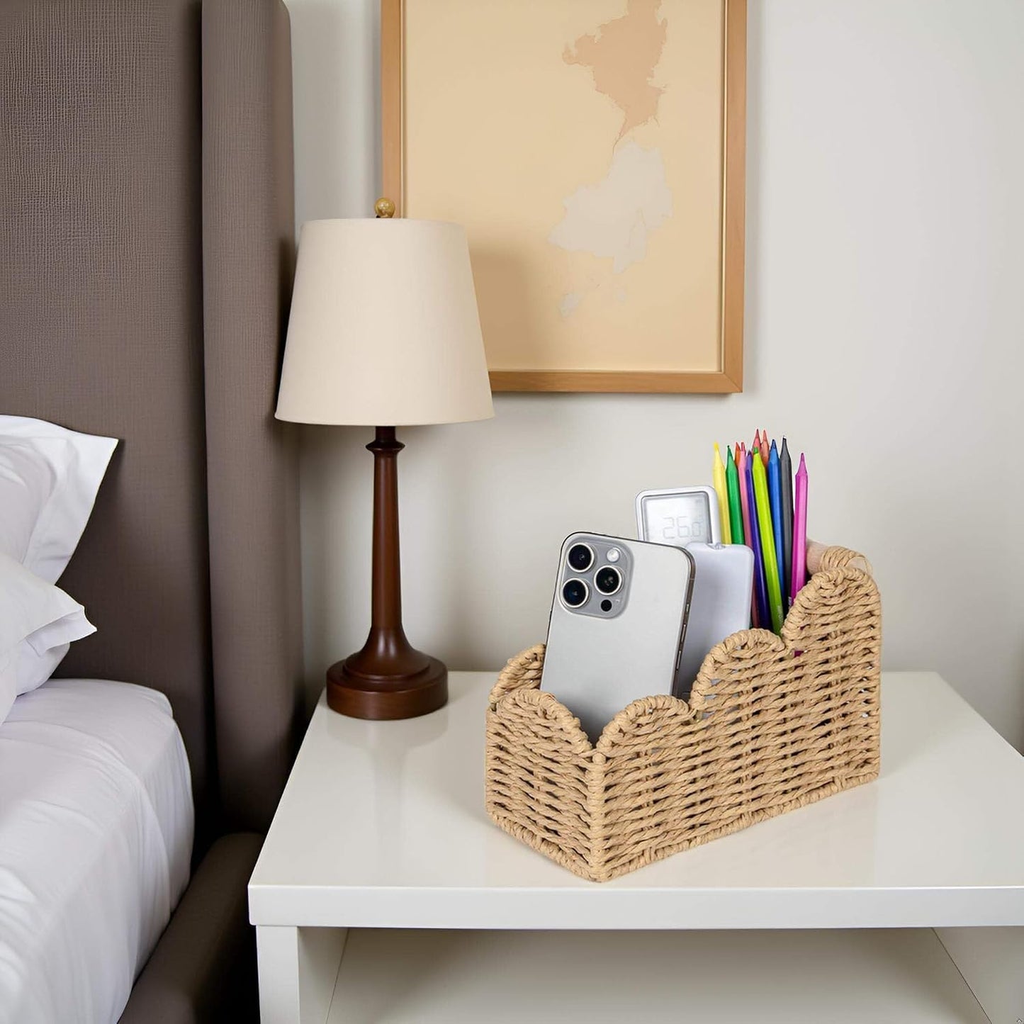 CubesLand Bedside Table Desk Organizer Caddy, Remote Pen&Pencil Holder Cup | Makeup Brush Holder w/Scalloped Perfect for Home, Office Desk, Living Room Table Decor, 3 Slots Neutral