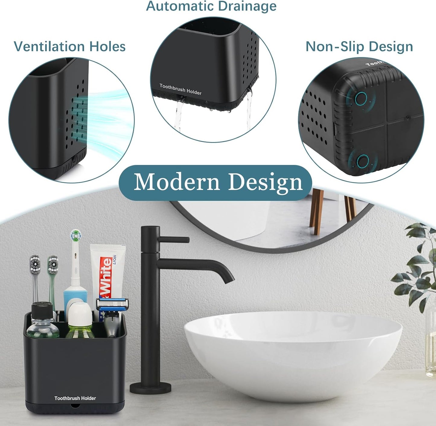Bathroom Toothbrush Holders, Toothbrush and Toothpaste Holder (Wood Grain) | Easy To Clean, Drainage, Removable, Non-Slip, 4 Slots Tooth Brush Holder for Bathroom Countertop Organizer