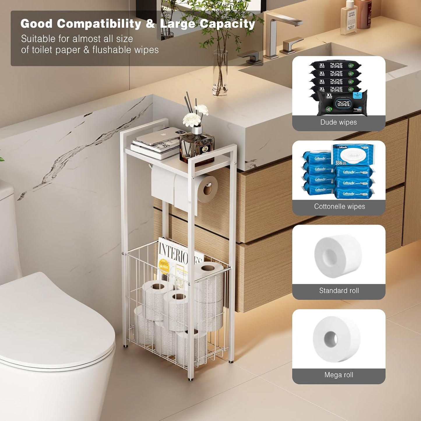 Voldra Toilet Paper Holder with Shelf, Flushable Wipes Dispenser for Bathroom, Adhesive Toilet Paper Roll Holder with Storage Wall Mount Stick On Bathroom Tissue Holder Front Flip Design (Matte Black)