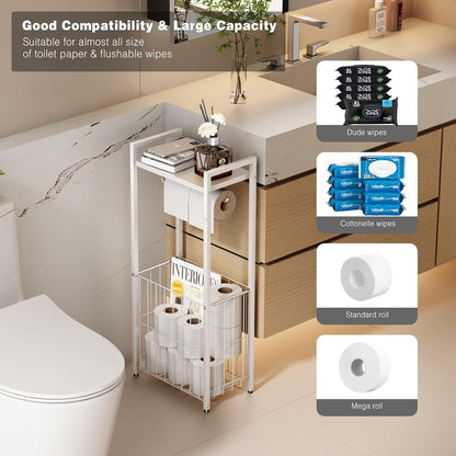 Voldra Toilet Paper Holder with Shelf, Flushable Wipes Dispenser for Bathroom, Adhesive Toilet Paper Roll Holder with Storage Wall Mount Stick On Bathroom Tissue Holder Front Flip Design (Matte Black)