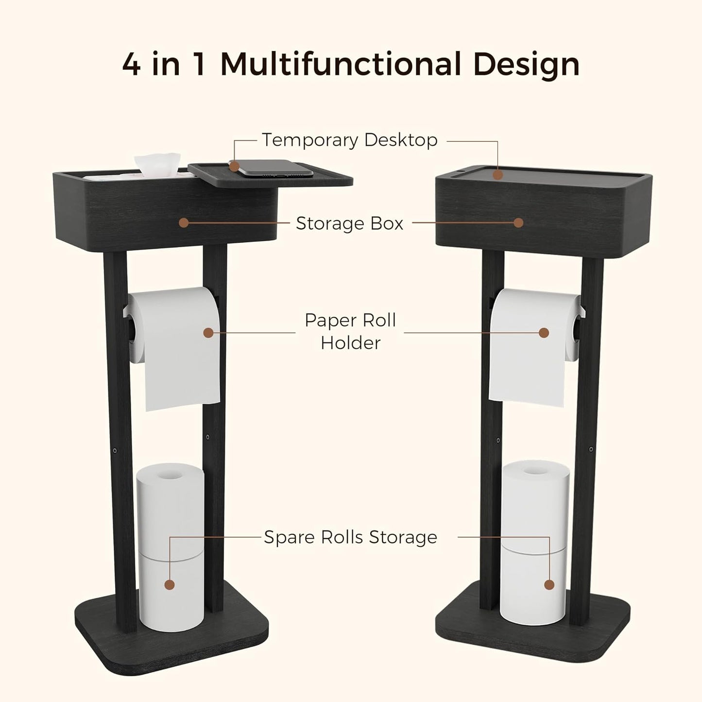 4-in-1 Black Toilet Paper Holder Stand with Storage Shelf Box, 360° Rotating Bamboo Free Standing Toilet Tissue Roll, Toilet Wipes Dispenser Organizer, Temporary Desktop for Bathroom (Patent) | 360° Rotating Bamboo Free Standing Toilet Tissue Roll,