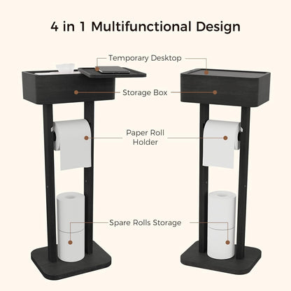 4-in-1 Black Toilet Paper Holder Stand with Storage Shelf Box, 360° Rotating Bamboo Free Standing Toilet Tissue Roll, Toilet Wipes Dispenser Organizer, Temporary Desktop for Bathroom (Patent) | 360° Rotating Bamboo Free Standing Toilet Tissue Roll,