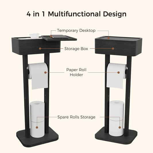 4-in-1 Black Toilet Paper Holder Stand with Storage Shelf Box, 360° Rotating Bamboo Free Standing Toilet Tissue Roll, Toilet Wipes Dispenser Organizer, Temporary Desktop for Bathroom (Patent) | 360° Rotating Bamboo Free Standing Toilet Tissue Roll,