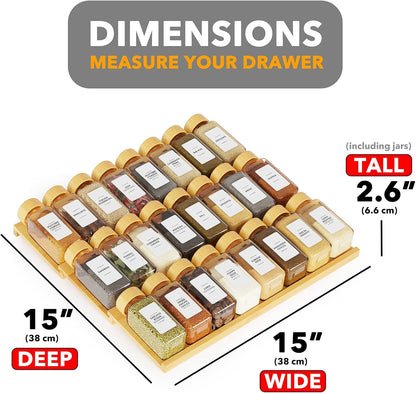 SpaceAid Bamboo Spice Drawer Organizer with 24 Spice Jars, 378 White Minimalist Spice Labels, 3 Tier Seasoning Rack Tray Insert for Kitchen Drawers, 15" Wide x 15" Deep x 2.6" Tall