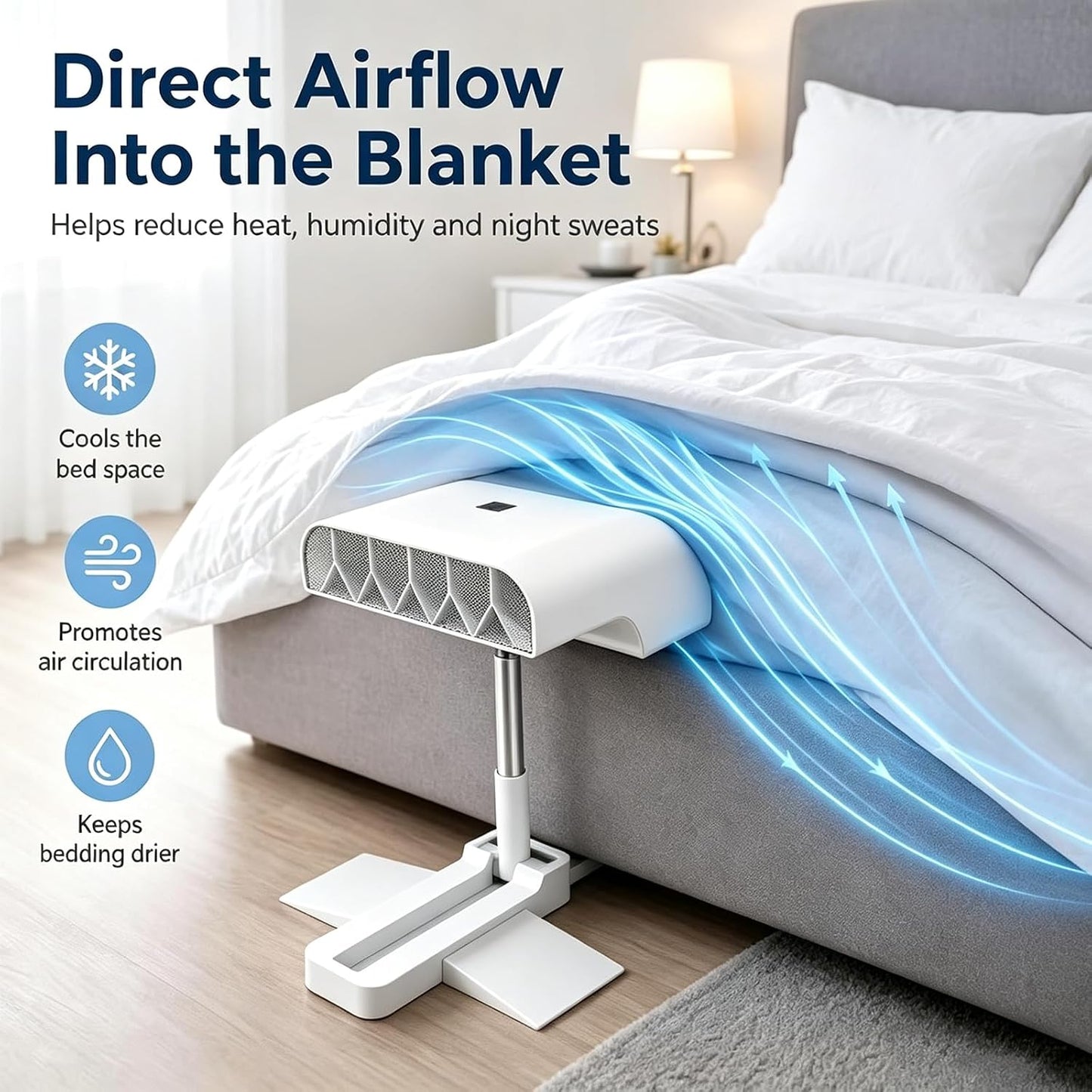 Bed Cooling Fan Under Sheets,Mattress Cooler Sleep Cooling System (white) | 5 Speeds Rechargeable Cooling Fan for Beds, Adjustable Height Mattress Fans for Under Blankets, Fits Most Mattress Heights