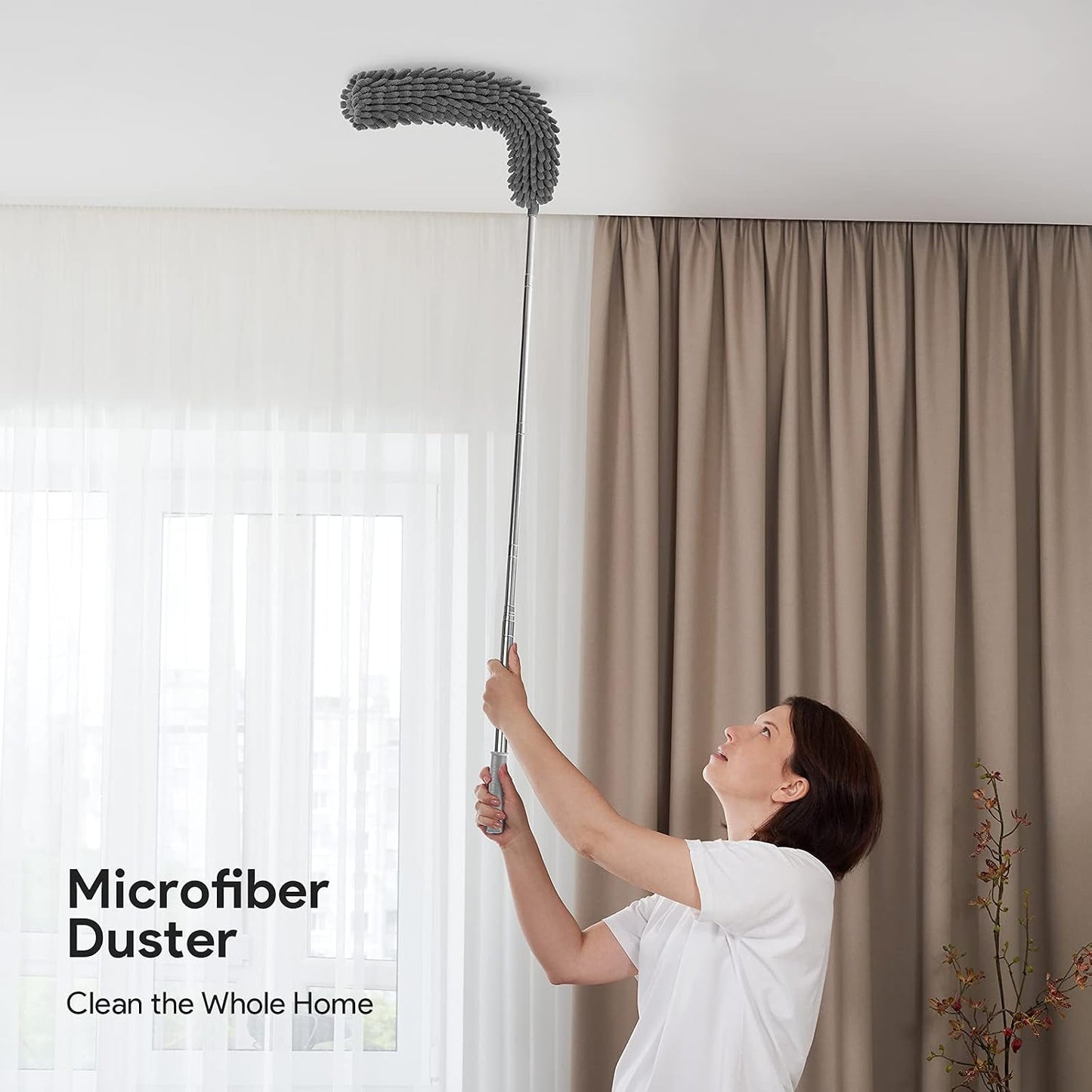 Cobweb Duster with Extension Pole 100 inches, Dusters for Cleaning with 2 Duster Heads, Washable Microfiber Feather Duster for Cleaning Ceiling Fan, High Ceiling, Blinds, Furniture & Cars
