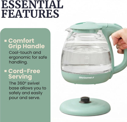 Elite Gourmet 1.7L Cool-Touch 1500W Fast Boil Kettle, Double Wall, Black | Fully Stainless Steel Lid & Interior, BPA-Free, Auto Shut-Off